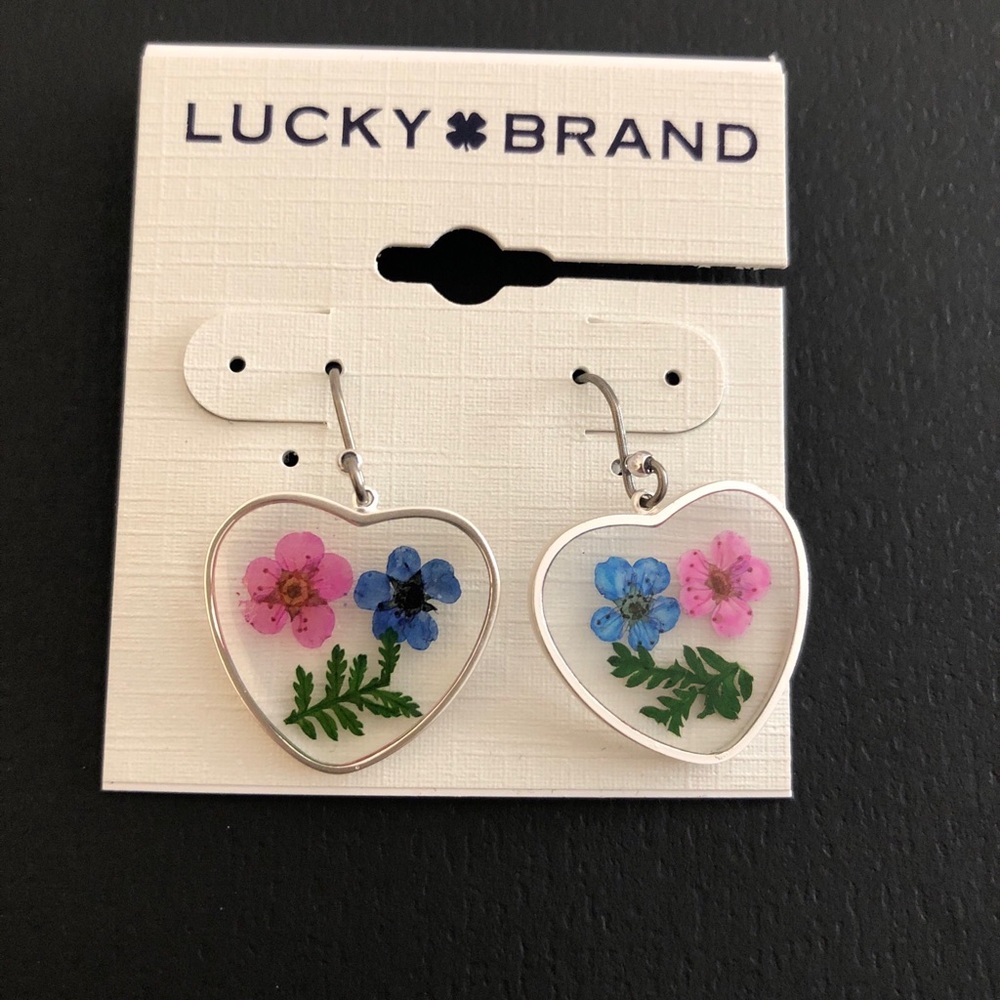Lucky Brand Silver Tone & Lucite Heart With Dried Flowers Drop Earrings NWT